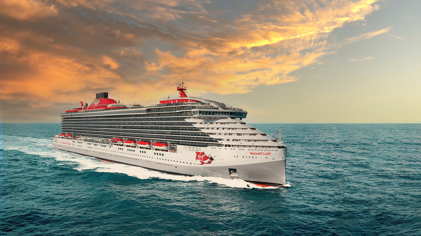 Valiant Lady sailing at sunset, viewed from starboard
